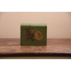 MCM Hinged Wood Recipe Box, Avocado Green, decoupaged avocado and hot pepper